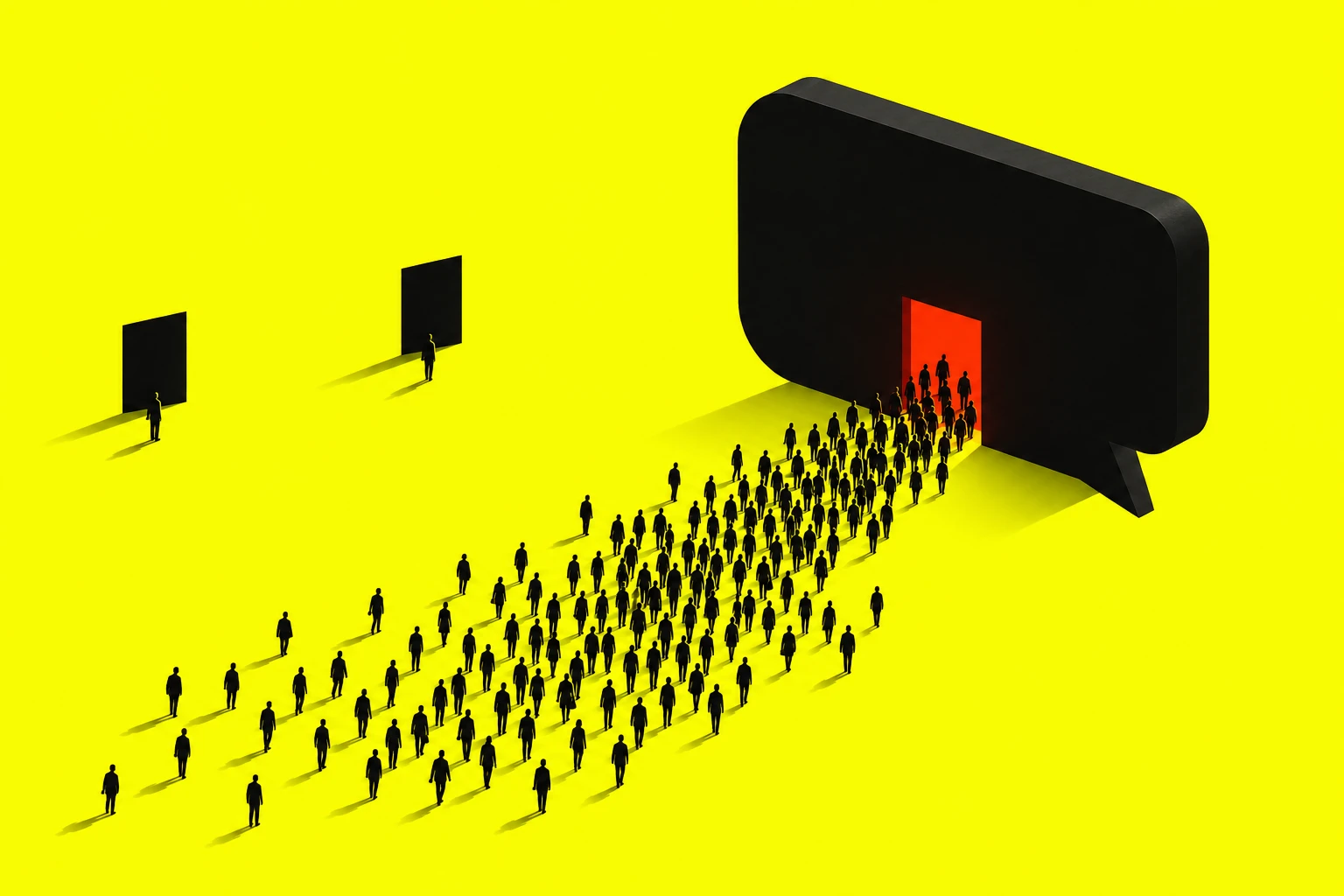 A crowd walks into a red doorway inside a monumental black speech bubble, passing two nearly empty entrances on an acid-yellow ground.