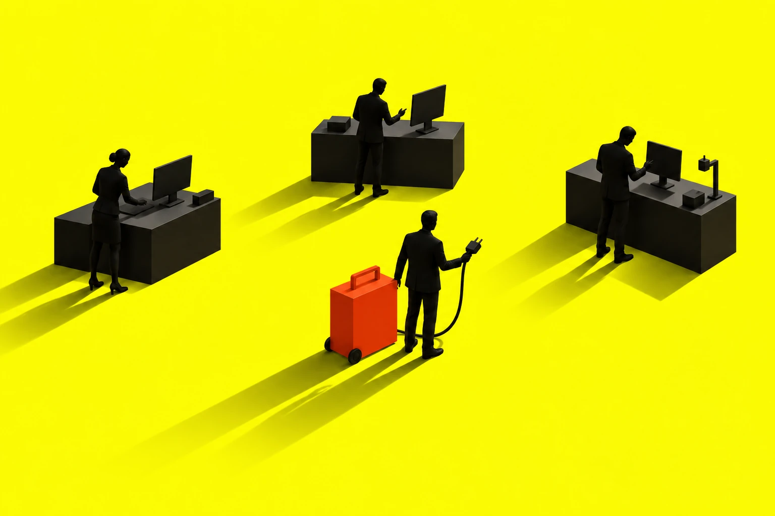 A customer holds a plug beside a red power unit, choosing between three black workstations on a yellow ground.