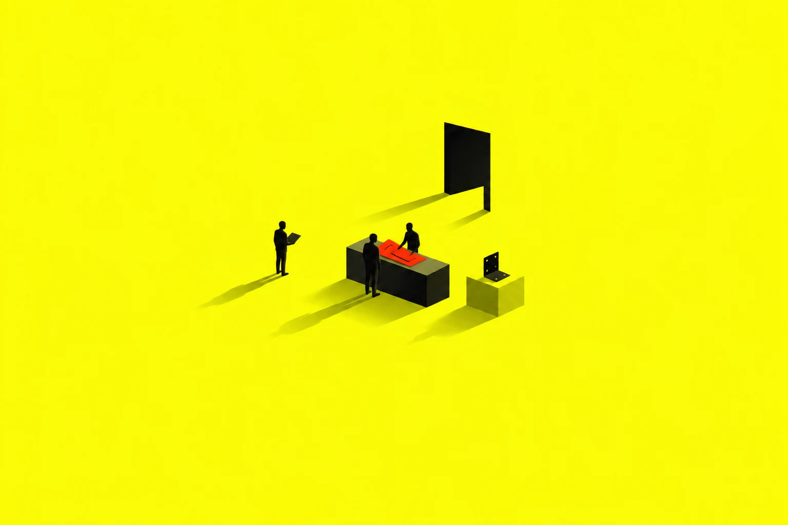 Two small figures discuss a red part design at a counter while a third waits with another drawing; a folded part stands nearby.