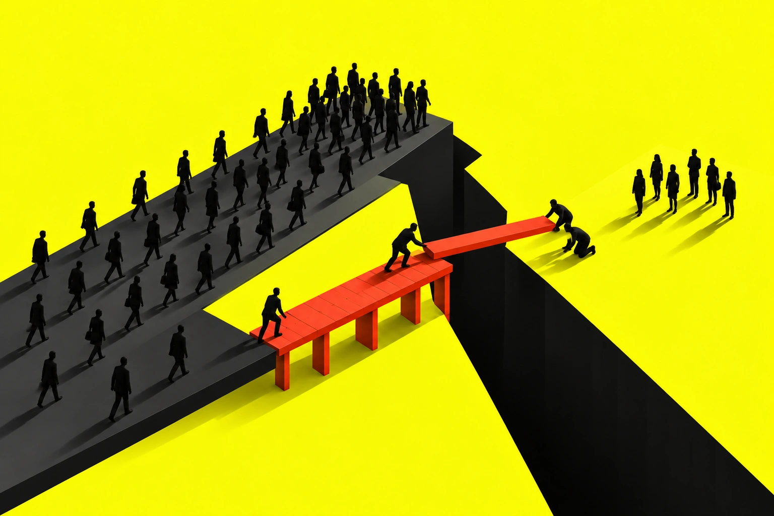 A crowd follows a busy black walkway while a few people build a red bridge across a gap to reach a separate group.