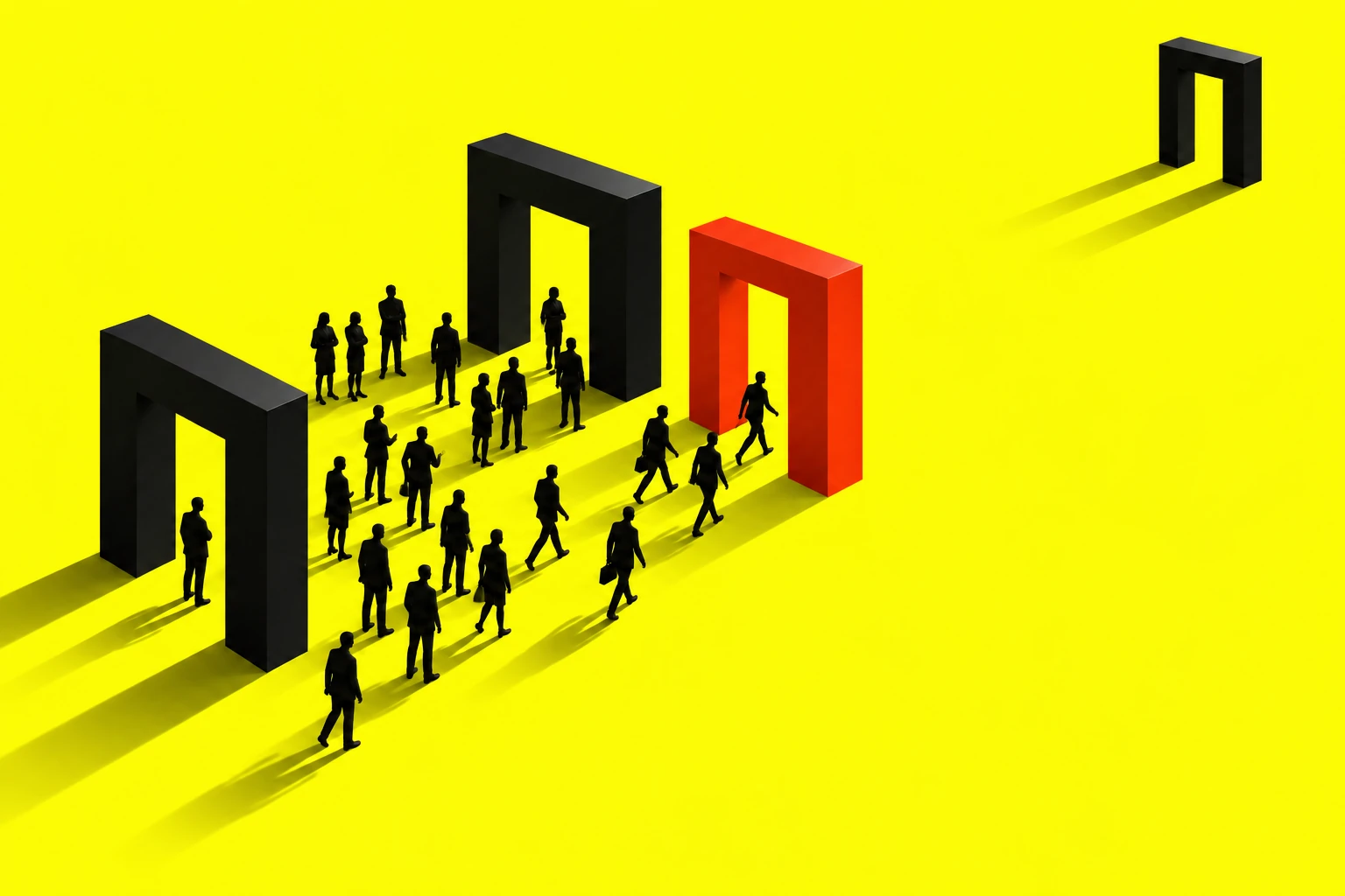 Customers gather between black doorways while several walk toward an adjacent red entrance; a distant doorway stands empty.
