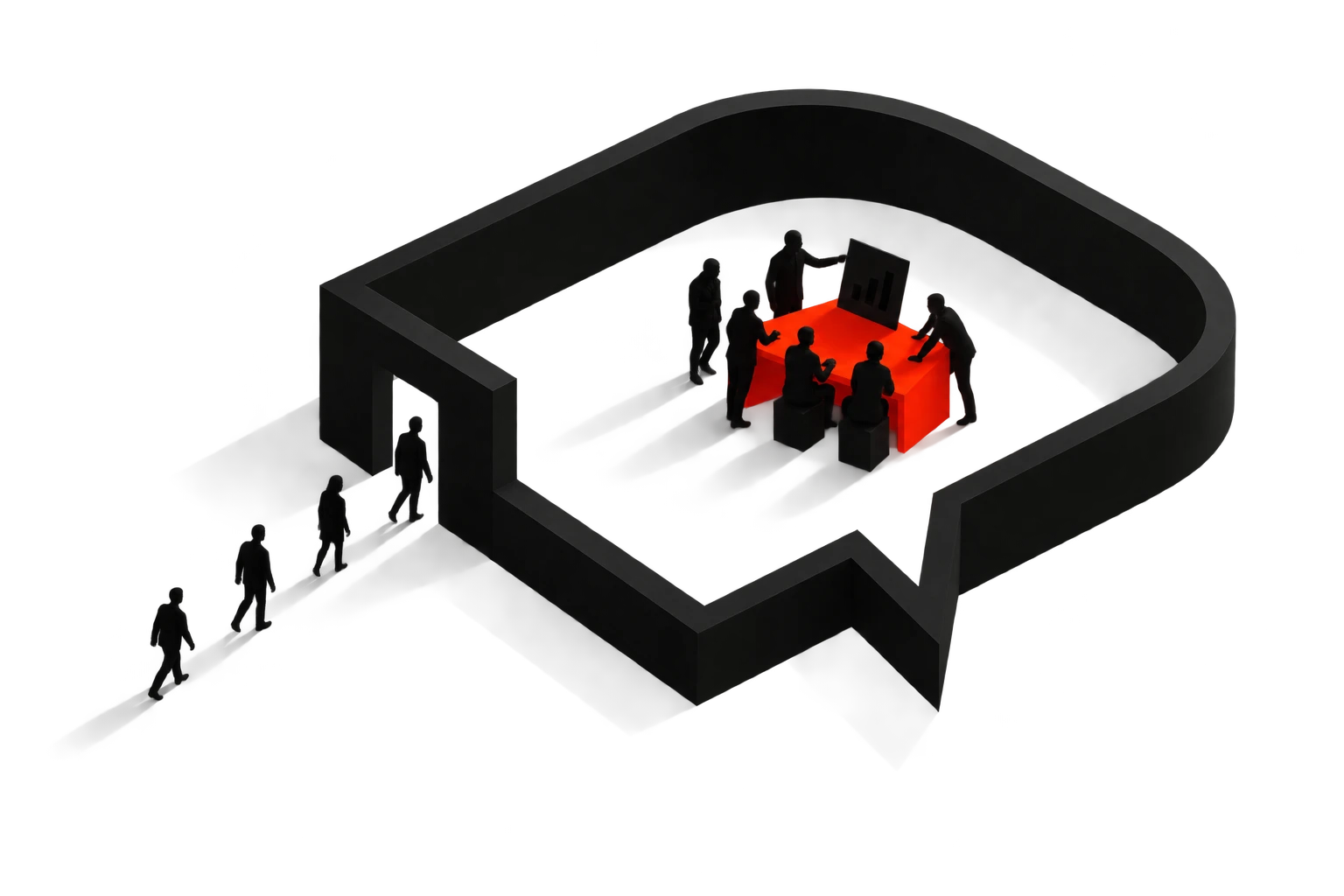 People enter a speech-bubble-shaped room and gather around a red worktable to review a chart.