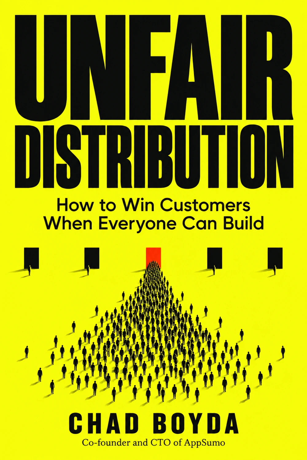 Unfair Distribution by Chad Boyda. On the yellow cover, a crowd chooses one red doorway among five entrances.