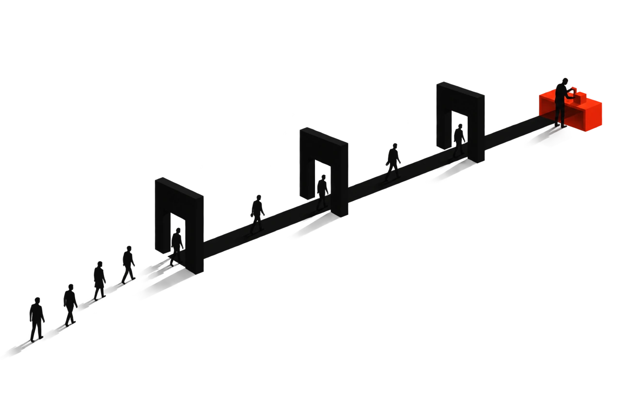 Small figures walk through a sequence of doorways toward a red entrance.